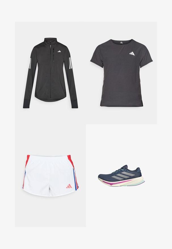 Svart treningsjakke laget av lett materiale. Har glidelås foran, høy krage og tre hvite striper på hver erme.; Kortermet treningstrøye, mørkegrå med perforert tekstur. Har en hvit logo og kontrasterende side-striper. Rund halslinje.; Hvite sportsshortser med røde sidepaneler og blå striper. Elastisk livlinning og logo på nedre venstre side. Glatt stofftekstur.; Marine løpesko med mesh-overdel, sølvstriper, mintakenter og polstret såle med rosa og teal detaljer for komfort.