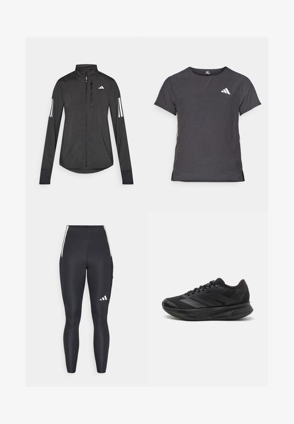 Giacchetto sportivo nero realizzato in materiale leggero. Presenta una chiusura frontale con zip, colletto alto e tre strisce bianche su ciascun manica.; T-shirt atletico a maniche corte, grigio scuro con texture perforata. Presenta un logo bianco e strisce laterali a contrasto. Girocollo.; Leggings neri sportivi realizzati in materiale elasticizzato. Presentano accenti bianchi sui lati e un logo adidas sulla parte bassa della gamba. Texture complessivamente liscia.; Scarpa da corsa nera con tomaia in rete traspirante, punta rotonda, design elegante, dettagli testurizzati e suola ammortizzata per il comfort.