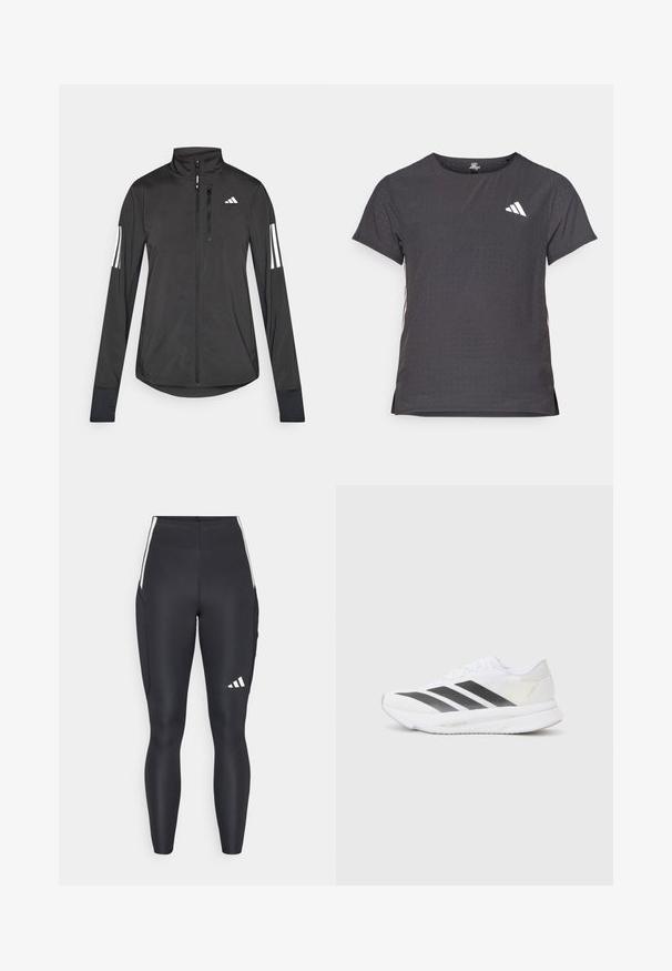 Jaqueta atlética preta feita de material leve. Apresenta um fecho frontal, colarinho alto e três riscas brancas em cada manga.; T-shirt atlético de mangas curtas, cinza escuro com textura perfurada. Apresenta um logo branco e riscas laterais contrastantes. Decote arredondado.; Leggings atléticos pretos feitos de material elástico. Apresentam detalhes laterais brancos e um logo da adidas na parte inferior da perna. Textura suave em geral.; Shoe atlético branco com riscas diagonais pretas, parte superior em malha, bico arredondado e sola texturizada. Os destaques incluem um calcanhar prateado e um design minimalista.