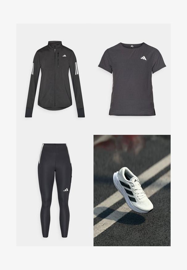 Zwarte sportjack gemaakt van lichtgewicht materiaal. Voorzien van een ritssluiting aan de voorkant, hoge kraag en drie witte strepen op elke mouw.; Korte mouwen sport t-shirt, donkergrijs met geperforeerde textuur. Bevat een wit logo en contrasterende zijstrepen. Ronde halslijn.; Zwarte sportleggingen van rekbaar materiaal. Kenmerkt zich door witte accenten aan de zijkant en een adidas-logo op het onderbeen. Over het algemeen een gladde textuur.; Witte hardloopschoen met een gestructureerde bovenkant, zwart drie-stripes ontwerp, gevoerde kraag en lichte zool, gepositioneerd in de lucht boven een wegoppervlak.