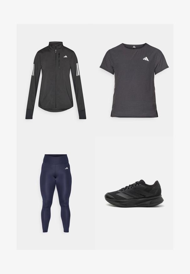 Giacchetto sportivo nero realizzato in materiale leggero. Presenta una chiusura frontale con zip, colletto alto e tre strisce bianche su ciascun manica.; T-shirt atletico a maniche corte, grigio scuro con texture perforata. Presenta un logo bianco e strisce laterali a contrasto. Girocollo.; adidas Performance Leggings - legend ink; Scarpa da corsa nera con tomaia in rete traspirante, punta rotonda, design elegante, dettagli testurizzati e suola ammortizzata per il comfort.