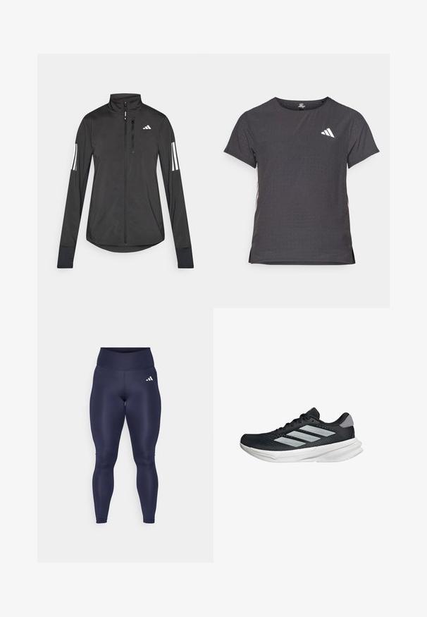 Svart idrottsjacka i lätt material. Har en framzipper, hög krage och tre vita ränder på varje ärm.; Kortärmad atletisk t-shirt, mörkgrå med perforerad textur. Har en vit logotyp och kontrasterande sidostripes. Rundad halsringning.; adidas Performance Tights - legend ink; Svart löparskor med meshtopp, tre silverränder, vit mellansula och strukturerad sula. Har vadderad krage och snörning.