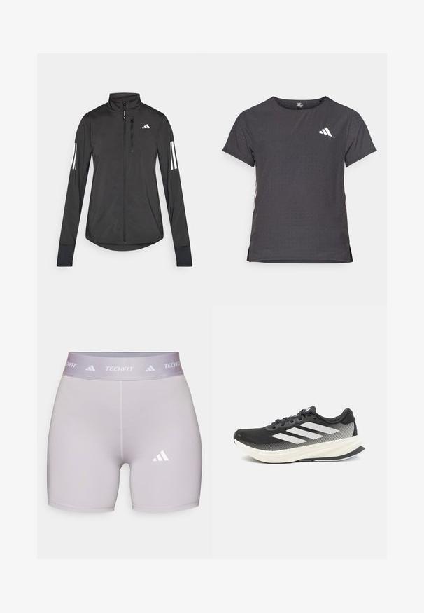 Svart idrottsjacka i lätt material. Har en framzipper, hög krage och tre vita ränder på varje ärm.; Kortärmad atletisk t-shirt, mörkgrå med perforerad textur. Har en vit logotyp och kontrasterande sidostripes. Rundad halsringning.; adidas Performance Tights - glory grey; Svart idrottssko med meshupp, vita accenter och en tjock vit mellansula. Utrustad med snörning och en låg profil.
