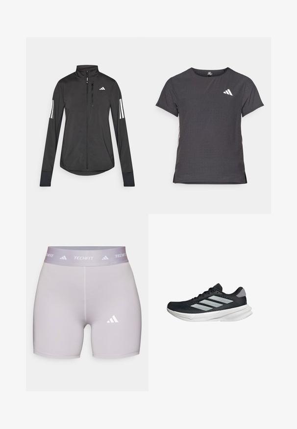 Czarna sportowa kurtka wykonana z lekkiego materiału. Posiada zamek błyskawiczny z przodu, wysoki kołnierz oraz trzy białe paski na każdym rękawie.; Koszulka sportowa z krótkim rękawem, ciemnoszara z perforowaną teksturą. Posiada białe logo oraz kontrastowe paski po bokach. Okrągły dekolt.; adidas Performance - Rajstopy; Czarny but biegowy z siateczkowym wierzchem, trzema srebrnymi paskami, białą podeszwą środkową i teksturowaną podeszwą zewnętrzną. Posiada wyściełany kołnierz i zapięcie na sznurówki.