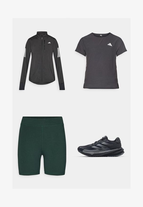 Black athletic jacket made of lightweight material. Features a front zipper, high collar, and three white stripes on each sleeve.; Short-sleeve athletic t-shirt, dark gray with perforated texture. Features a white logo and contrasting side stripes. Rounded neckline.; ONLY Play ONPNOON LIFE SHORTS  - Leggings - scarab; Black athletic shoe with a textured mesh upper, reflective accents, cushioned sole, and a streamlined design. Features three stripe logo.