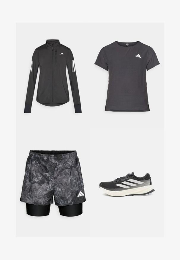 Jachetă sport neagră din material ușor. Are un fermoar frontal, guler înalt și trei dungi albe pe fiecare manșon.; Tricou athletic cu mânecă scurtă, gri închis, cu textură perforată. Prezentă un logo alb și dungi contrastante pe laterale. Guler rotunjit.; Shorts atletici cu un model negru și gri, suprapuse peste șorturi negre ajustate, dotate cu un elastic la talie și cu un logo alb al brandului.; Pantofel sport negru cu plasă pe partea superioară, accente albe și o talpă intermediară albă groasă. Dispune de șireturi și un design de profil redus.