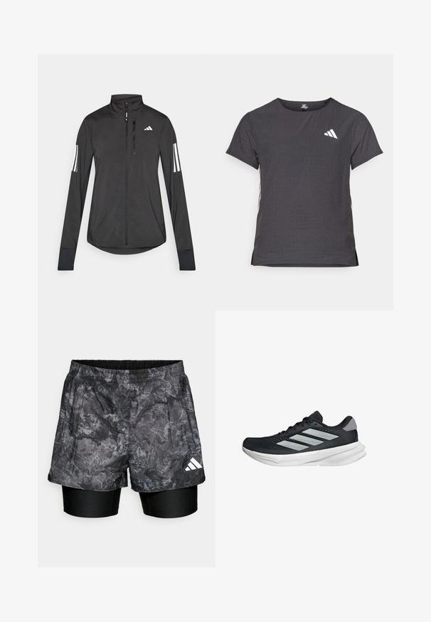 Giacchetto sportivo nero realizzato in materiale leggero. Presenta una chiusura frontale con zip, colletto alto e tre strisce bianche su ciascun manica.; T-shirt atletico a maniche corte, grigio scuro con texture perforata. Presenta un logo bianco e strisce laterali a contrasto. Girocollo.; Pantaloni sportivi a righe nere e grigie sovrapposti a pantaloni aderenti neri, dotati di una cintura elastica e logo bianco del marchio.; Scarpa da corsa nera con tomaia in mesh, tre strisce argentate, intersuola bianca e suola testurizzata. Presenta un colletto imbottito e chiusura con lacci.