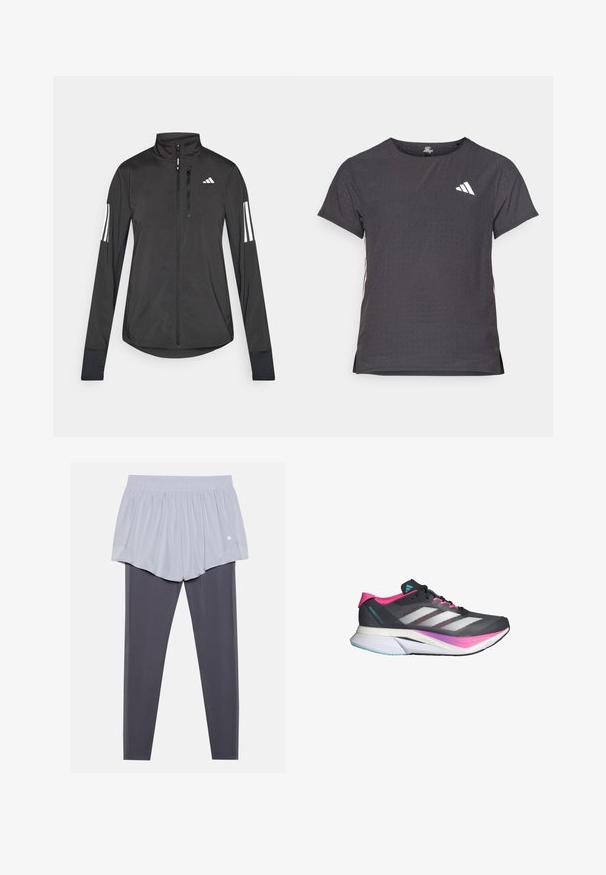 Chaqueta deportiva negra hecha de material ligero. Cuenta con una cremallera frontal, un cuello alto y tres franjas blancas en cada manga.; Camiseta atlética de manga corta, gris oscuro con textura perforada. Presenta un logo blanco y rayas laterales en contraste. Escote redondeado.; Pantalones cortos deportivos gris claro con cintura elástica, superpuestos sobre leggings gris oscuro. Ambos materiales son suaves, elásticos y ajustados.; Zapatilla de correr con parte superior de malla gris, acentos en rosa y rayas blancas. Cuenta con una suela acolchada y un diseño elegante y aerodinámico.