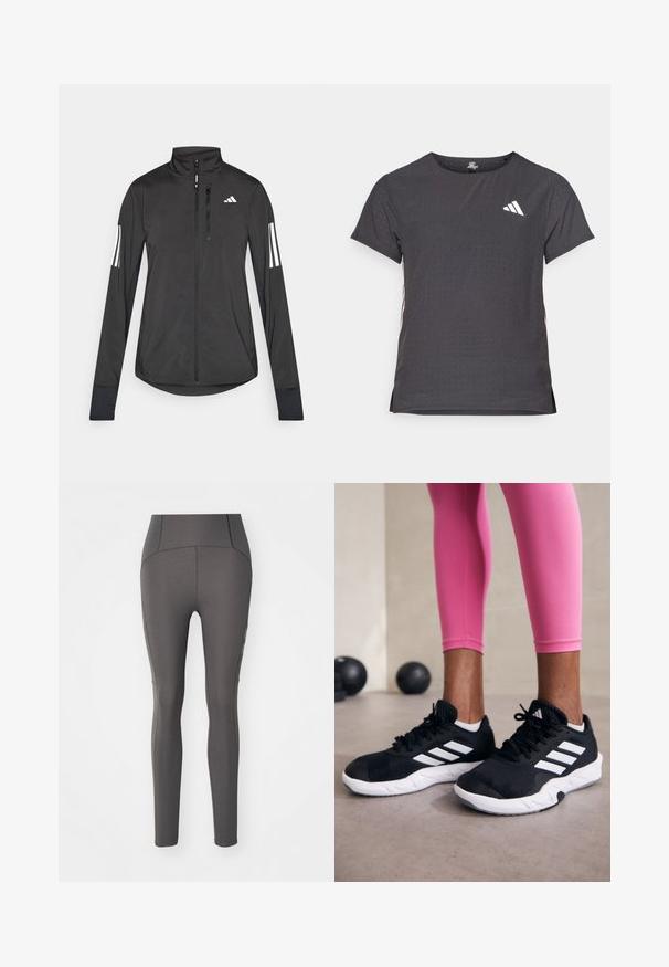 Melnā sporta jaka, izgatavota no viegla materiāla. Tajā ir priekšējais rāvējslēdzis, augsta apkakle un trīs baltas svītras katrā piedurknē.; Īsām piedurkņu sporta T-krekls, tumši pelēks ar perforētu tekstūru. Iespējots ar baltu logotipu un kontrastējošām sānu svītrām. Apaļa kakla izgriezums.; Pelēkas legingas, kas izgatavotas no gludas, elpojošas auduma. Augstās jostasvietas dizains ar smalkajām šuvēm un pieguļošu siluetu.; Melnas sporta kurpes ar baltām svītrām, teksturēta sieta augšdaļa un balta zole. Nēsātas ar rozā legingiem, demonstrējot treniņu apģērbu.