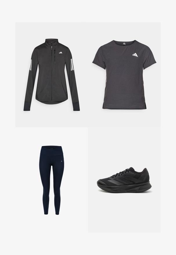 Musta urheilutakki, joka on valmistettu kevyestä materiaalista. Ominaisuuksiin kuuluu etuvetoketju, korkea kaulus ja kolme valkoista raitaa joka hihassa.; Lyhythihainen urheilupaita, tummanharmaa, jossa on reikäkudot. Ominaisuuksina valkoinen logo ja kontrastiväriset sivusuunnat. Pyöreä pääntie.; Carpatree CROSSOVER HIGHWAIST - Trikoot - blue; Mustat juoksukengät, joissa on hengittävä verkkoyläosa, pyöreä varvas, sulavalinjainen muotoilu, teksturoidut yksityiskohdat ja pehmustettu pohja mukavuutta varten.