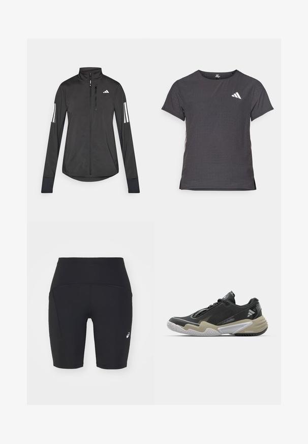 Melnā sporta jaka, izgatavota no viegla materiāla. Tajā ir priekšējais rāvējslēdzis, augsta apkakle un trīs baltas svītras katrā piedurknē.; Īsām piedurkņu sporta T-krekls, tumši pelēks ar perforētu tekstūru. Iespējots ar baltu logotipu un kontrastējošām sānu svītrām. Apaļa kakla izgriezums.; Melni sporta šorti, kas izgatavoti no gludas, elastīgas auduma. Iekļauj sānu kabatu un baltu logo kreisajā pusē.; Melnas un bēšas sporta kurpes ar teksturētu augšu, izteiksmīgu zoles dizainu, atstarojošiem akcentiem un auklu sistēmu. Vieglas konstrukcijas.
