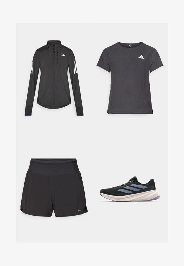 Must mustriga mustrin, millel on esiküljel lukuga, kõrge krae ja igal varrukal kolm valget triipu.; Lühikese varrukaga sportlik T-särk, tumehall, perforatsiooni tekstuuriga. Omab valget logo ja kontrastset külgtriipu. Ümar kaelus.; Mustad mustad lühikesed püksid, millel on lamedat tüüpi vöökoht, lühike pikkus ja küljetaskud. Kangas näeb välja hingav ja sileda tekstuuriga.; Musts jooksujalanõud, millel on võrgusilmast ülemine osa, heledad lillad aktsendid ja kolm horisontaalset halli triipu. Omab mugavat polsterdatud tallat.