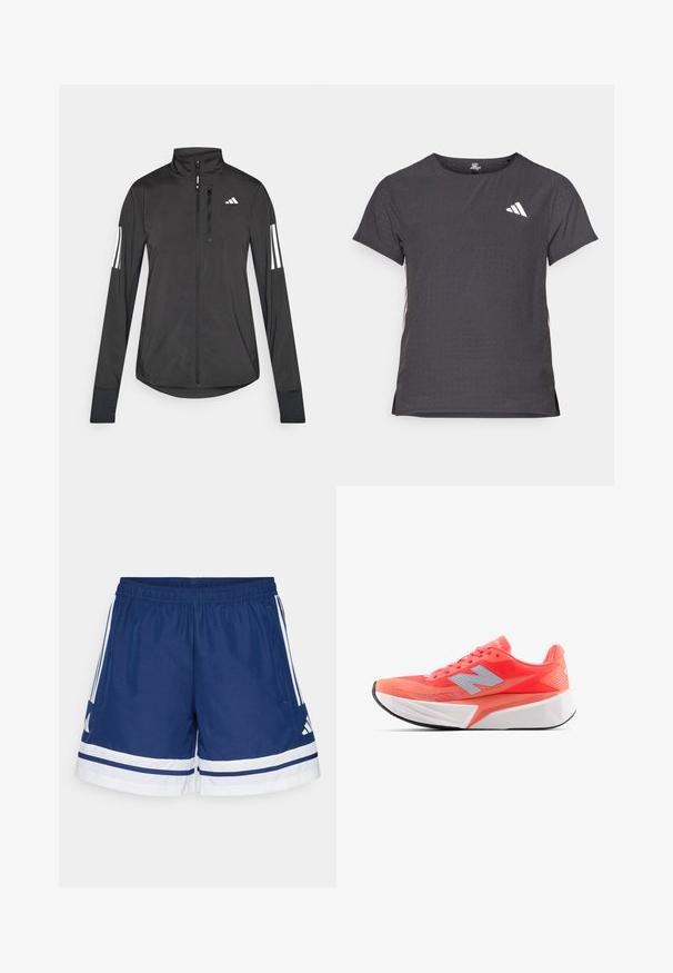 Crni sportski jakna napravljena od laganog materijala. Ima prednji zatvarač, visoki ovratnik i tri bijele pruge na svakoj rukavu.; Majica kratkih rukava za sport, tamno siva s perforiranim uzorkom. Ima bijeli logo i kontrastne bočne pruge. Zaobljeni izrez.; Mornarski atletski šortsevi s elastičnim pojasom, bijelim detaljima i tri pruge s obje strane; napravljeni od laganog, prozračnog materijala.; Lagana trkačka cipela u svijetloj koralnoj boji s gornjim dijelom od mrežastog materijala i srebrnim logotipom. Izrazito teksturirani bijeli međuslojevi i crna gumena potplata.