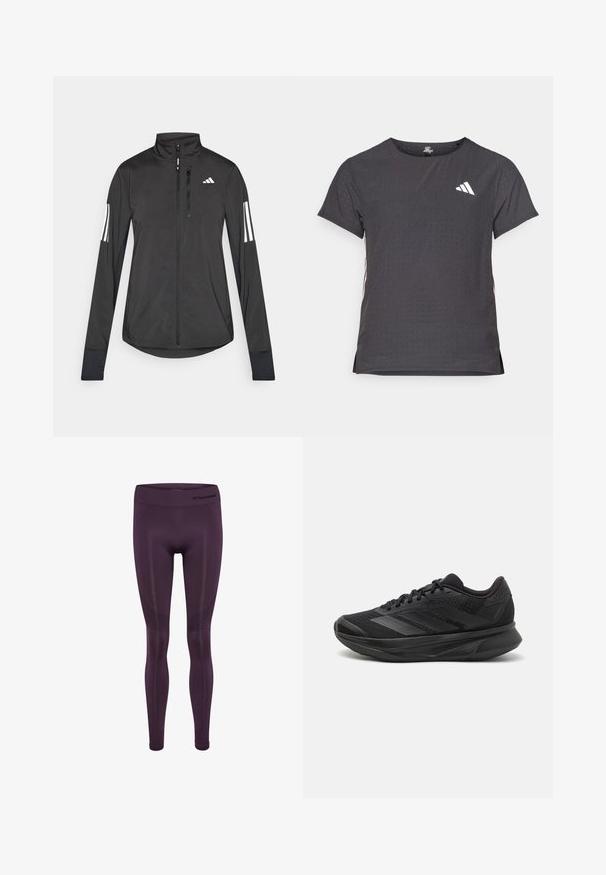 Sort atletisk jakke lavet af let materiale. Har en frontlynlås, høj krave og tre hvide striber på hver ærme.; Kortærmet atletisk t-shirt, mørkegrå med perforeret tekstur. Har et hvidt logo og kontrastfarvede sidelister. Rundet halsudskæring.; Lilla atletiske leggings lavet af strækbart stof, med et højt taljeled og subtile teksturerede mønstre langs siderne.; Sort løbesko med en åndbar mesh-overdel, afrundet tå, strømlinet design, teksturerede detaljer og en polstret sål for komfort.