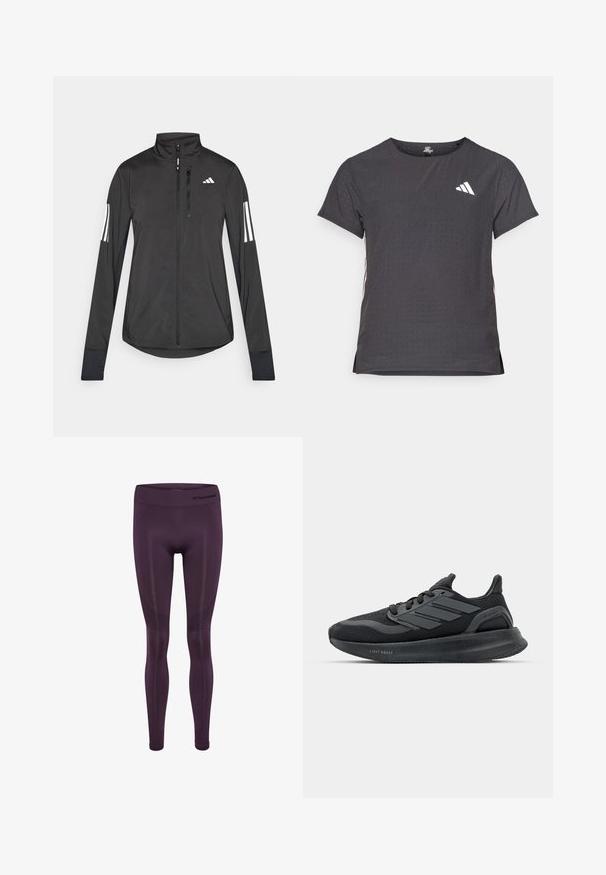 Zwarte sportjack gemaakt van lichtgewicht materiaal. Voorzien van een ritssluiting aan de voorkant, hoge kraag en drie witte strepen op elke mouw.; Korte mouwen sport t-shirt, donkergrijs met geperforeerde textuur. Bevat een wit logo en contrasterende zijstrepen. Ronde halslijn.; Paarse sportleggings gemaakt van rekbaar materiaal, met een hoge tailleband en subtiele gestructureerde patronen langs de zijkanten.; Zwarte sportschoenen met een bovenkant van gaas, getextureerde panelen, een detail met drie strepen en een gebogen zool met het label "LIGHT BOOST."