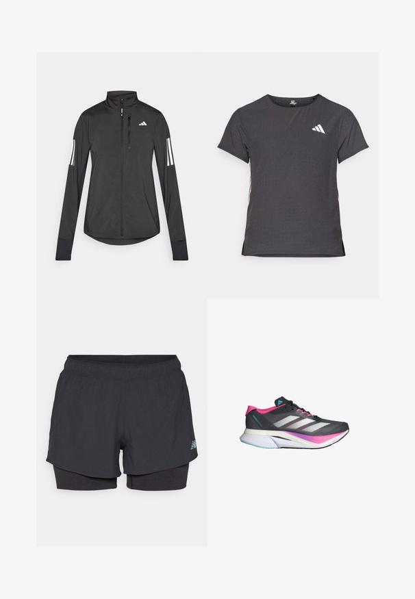 Must mustriga mustrin, millel on esiküljel lukuga, kõrge krae ja igal varrukal kolm valget triipu.; Lühikese varrukaga sportlik T-särk, tumehall, perforatsiooni tekstuuriga. Omab valget logo ja kontrastset külgtriipu. Ümar kaelus.; Mustad mustus spordikad, millel on sisemine vooder, elastne vöökoht, sile tekstuur ja reflektiivne logo küljel.; Hallitusking, millel on hall võrk ja roosa aktsent, samuti valged triibud. Omab pehmet tallat ja sarviklikku, aerodünaamilist disaini.