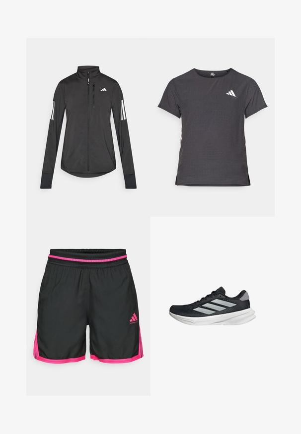 Musta urheilutakki, joka on valmistettu kevyestä materiaalista. Ominaisuuksiin kuuluu etuvetoketju, korkea kaulus ja kolme valkoista raitaa joka hihassa.; Lyhythihainen urheilupaita, tummanharmaa, jossa on reikäkudot. Ominaisuuksina valkoinen logo ja kontrastiväriset sivusuunnat. Pyöreä pääntie.; Mustat urheilushortsit, joissa on vaaleanpunainen joustava vyötärö ja sivukorostukset. Valmistettu kevyestä materiaalista, jossa on Adidas-logo.; Musta juoksukenkä, jossa on verkko-osa ylhäällä, kolme hopeista raitaa, valkoinen välipohja ja teksturoitu pohja. Varustettu pehmustetulla nilkkaremmeillä ja nauhakiinnityksellä.