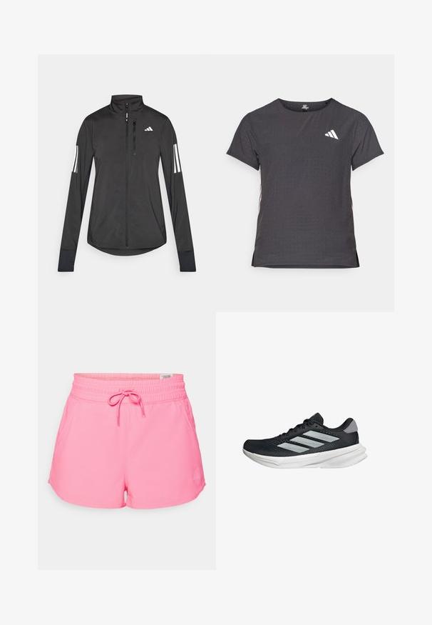 Black athletic jacket made of lightweight material. Features a front zipper, high collar, and three white stripes on each sleeve.; Short-sleeve athletic t-shirt, dark gray with perforated texture. Features a white logo and contrasting side stripes. Rounded neckline.; Pink athletic shorts with an elastic waistband and adjustable drawstring. Features smooth fabric and a small logo on the side.; Black running shoe with mesh upper, three silver stripes, white midsole, and textured outsole. Features padded collar and lace closure.