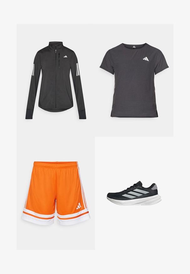Veste de sport noire en matériau léger. Dotée d'une fermeture éclair sur le devant, d'un col haut et de trois rayures blanches sur chaque manche.; T-shirt de sport à manches courtes, gris foncé avec une texture perforée. Présente un logo blanc et des rayures latérales contrastantes. Encolure arrondie.; Shorts de sport orange avec un tissu texturé, des accents blancs et trois bandes blanches sur les côtés. Taille élastique pour plus de confort.; Baskets de course noires avec tige en mesh, trois rayures argentées, semelle intermédiaire blanche et semelle extérieure texturée. Comprend un col rembourré et un système de laçage.