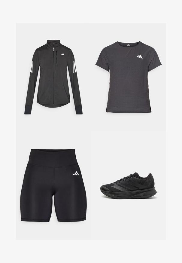Černá atletická bunda vyrobená z lehkého materiálu. Má přední zip, vysoký límec a tři bílé pruhy na každém rukávu.; Kraťasový sportovní tričko, tmavě šedé barvy s perforovanou texturou. Obsahuje bílé logo a kontrastní boční pruhy. Kulatý výstřih.; Černé sportovní šortky vyrobené z elastického materiálu, s vysokým pasem, hladkým povrchem a bílým logem se třemi pruhy na boku.; Černé běžecké boty s prodyšným síťovaným svrškem, kulatou špičkou, elegantním designem, texturovanými detaily a polstrovanou podrážkou pro pohodlí.