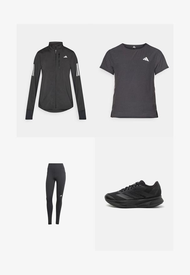 Veste de sport noire en matériau léger. Dotée d'une fermeture éclair sur le devant, d'un col haut et de trois rayures blanches sur chaque manche.; T-shirt de sport à manches courtes, gris foncé avec une texture perforée. Présente un logo blanc et des rayures latérales contrastantes. Encolure arrondie.; Leggings de sport noirs avec une taille haute, dotés d'une poche latérale et d'un logo blanc sur le bas de la jambe gauche. Le matériau semble respirant.; Chaussure de course noire avec une tige en maille respirante, un bout arrondi, un design épuré, des accents texturés et une semelle rembourrée pour le confort.