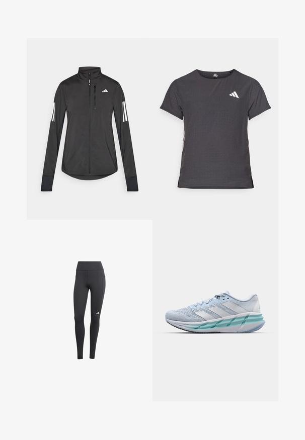 Veste de sport noire en matériau léger. Dotée d'une fermeture éclair sur le devant, d'un col haut et de trois rayures blanches sur chaque manche.; T-shirt de sport à manches courtes, gris foncé avec une texture perforée. Présente un logo blanc et des rayures latérales contrastantes. Encolure arrondie.; Leggings de sport noirs avec une taille haute, dotés d'une poche latérale et d'un logo blanc sur le bas de la jambe gauche. Le matériau semble respirant.; Baskets de sport bleu clair avec un dessus en tricot texturé, des accents blancs et une semelle intermédiaire transparente verte. Bout arrondi et col rembourré.