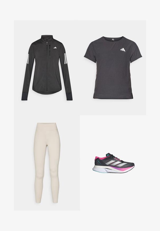 Giacchetto sportivo nero realizzato in materiale leggero. Presenta una chiusura frontale con zip, colletto alto e tre strisce bianche su ciascun manica.; T-shirt atletico a maniche corte, grigio scuro con texture perforata. Presenta un logo bianco e strisce laterali a contrasto. Girocollo.; Leggings attivi beige con vita alta, texture liscia e design aderente. Presentano cuciture minime e nessun marchio visibile.; Scarpa da corsa con una tomaia in mesh grigia, dettagli in rosa e strisce bianche. Presenta una suola ammortizzata e un design slanciato e aerodinamico.