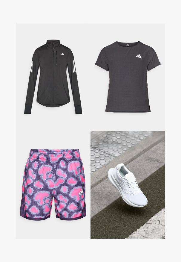 Jaqueta atlética preta feita de material leve. Apresenta um fecho frontal, colarinho alto e três riscas brancas em cada manga.; T-shirt atlético de mangas curtas, cinza escuro com textura perfurada. Apresenta um logo branco e riscas laterais contrastantes. Decote arredondado.; Calções roxos com um padrão de manchas pink e azul claro, cintura elástica e aberturas laterais para ventilação. Apresenta um pequeno detalhe de logotipo branco.; Shoe atlético branco com parte superior em rede, design de atacadores e sola texturizada. Branding subtil e detalhes de construção sem emendas visíveis.