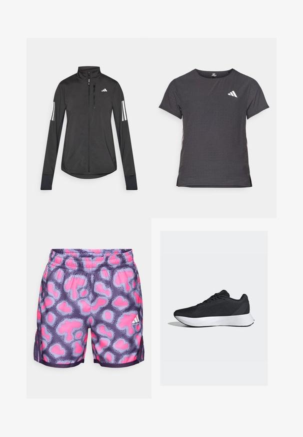 Black athletic jacket made of lightweight material. Features a front zipper, high collar, and three white stripes on each sleeve.; Short-sleeve athletic t-shirt, dark gray with perforated texture. Features a white logo and contrasting side stripes. Rounded neckline.; Purple shorts with a pink and light blue spotted pattern, elastic waistband, and side slits for ventilation. Features a small white logo detail.; Black athletic shoes with a breathable mesh upper, white midsole, and sleek, curved design; features laces and a sturdy rubber outsole.
