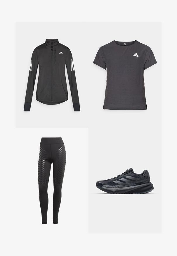Veste de sport noire en matériau léger. Dotée d'une fermeture éclair sur le devant, d'un col haut et de trois rayures blanches sur chaque manche.; T-shirt de sport à manches courtes, gris foncé avec une texture perforée. Présente un logo blanc et des rayures latérales contrastantes. Encolure arrondie.; Leggings noirs avec une taille haute, fabriqués dans un matériau extensible, ornés de motifs ondulés noirs brillants sur les côtés pour une touche de détail.; Chaussure de sport noire avec une tige en mesh texturé, des accents réfléchissants, une semelle rembourrée et un design épuré. Présente le logo à trois bandes.