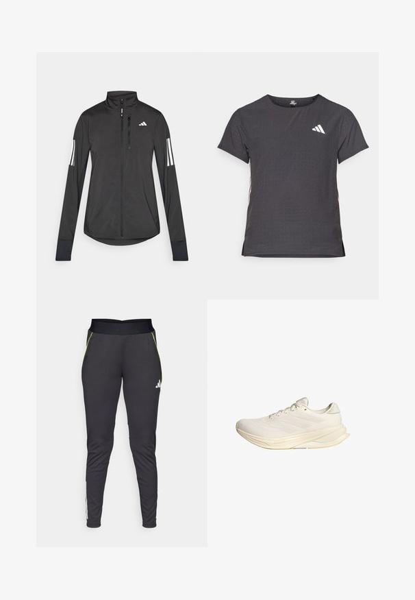 Fekete sportos dzseki könnyű anyagból. Elöl cipzárral, magas gallérral és minden ujjon három fehér csíkkal rendelkezik.; Rövid ujjú sport póló, sötétszürke perforált textúrával. Fehér logóval és kontrasztos oldalsávokkal rendelkezik. Kerek nyakkal.; Fekete sportos nadrág sima anyagból. Széles derékpánttal, oldalsó zsebekkel, lime zöld akcentusokkal és fehér márkajelzéssel rendelkezik.; Világos bézs sportcipő, hálós felsőrésszel, lapos fűzőkkel és párnázott talppal. A külső oldalon három csíkos mintázattal rendelkezik.