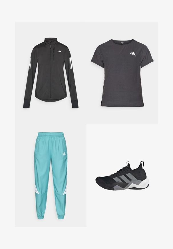 Jachetă sport neagră din material ușor. Are un fermoar frontal, guler înalt și trei dungi albe pe fiecare manșon.; Tricou athletic cu mânecă scurtă, gri închis, cu textură perforată. Prezentă un logo alb și dungi contrastante pe laterale. Guler rotunjit.; Pantaloni sportivi de culoare teal, cu talie elastică, având dungi diagonale albe pe părțile inferioare ale picioarelor și buzunare laterale. Construiți dintr-un material ușor.; Pantoful sportiv negru cu un superior din plasă respirabilă, accente gri, talpă texturată și trei dungi distinctive pe lateral.