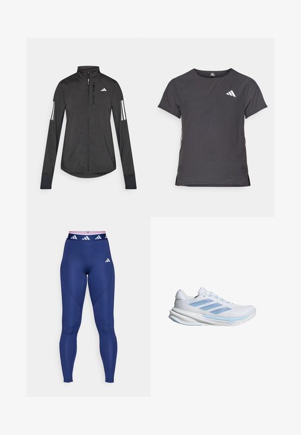 Zwarte sportjack gemaakt van lichtgewicht materiaal. Voorzien van een ritssluiting aan de voorkant, hoge kraag en drie witte strepen op elke mouw.; Korte mouwen sport t-shirt, donkergrijs met geperforeerde textuur. Bevat een wit logo en contrasterende zijstrepen. Ronde halslijn.; Marineblauwe sportleggings met een hoge tailleband, uitgerust met een roze en witte logoband. Glad textuur en atletische snit met naaddetails.; Witte hardloopschoenen met lichtblauwe accenten, ademend mesh bovenwerk, drie-stripes ontwerp, gevoerde zool en getextureerde tractiezool.