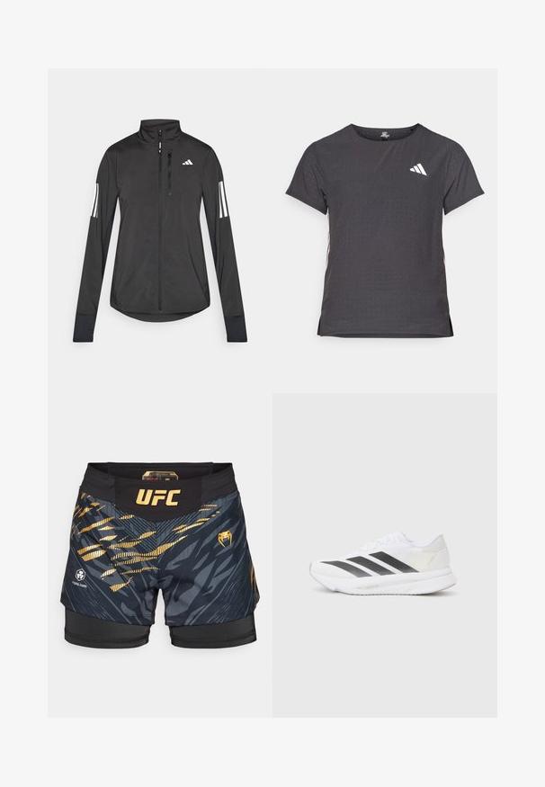 Melnā sporta jaka, izgatavota no viegla materiāla. Tajā ir priekšējais rāvējslēdzis, augsta apkakle un trīs baltas svītras katrā piedurknē.; Īsām piedurkņu sporta T-krekls, tumši pelēks ar perforētu tekstūru. Iespējots ar baltu logotipu un kontrastējošām sānu svītrām. Apaļa kakla izgriezums.; Melni jauktās cīņas mākslu šorti ar dinamisku zelta grafiskā dizaina, UFC logo un cieši pieguļošu elastīgu jostasvietu. Strukturēta auduma akcenti.; Baltas sporta apavs ar melniem diagonāliem svītrām, sieta augšdaļa, noapaļota purngalu forma un teksturēta zole. Akcenti ietver sudraba papēdi un minimālistisku dizainu.