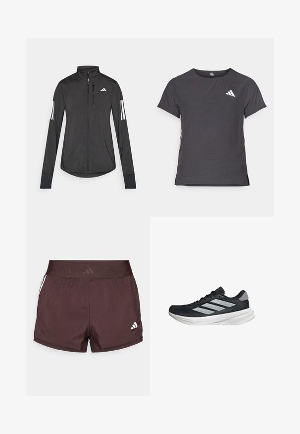 Chaqueta deportiva negra hecha de material ligero. Cuenta con una cremallera frontal, un cuello alto y tres franjas blancas en cada manga.; Camiseta atlética de manga corta, gris oscuro con textura perforada. Presenta un logo blanco y rayas laterales en contraste. Escote redondeado.; Pantalones cortos deportivos marrones con una cinturilla elástica texturizada, que presentan franjas laterales blancas y un pequeño logotipo en el dobladillo inferior derecho.; Zapatilla de correr negra con parte superior de malla, tres franjas plateadas, media suela blanca y suela texturizada. Incluye un cuello acolchado y cierre de cordones.