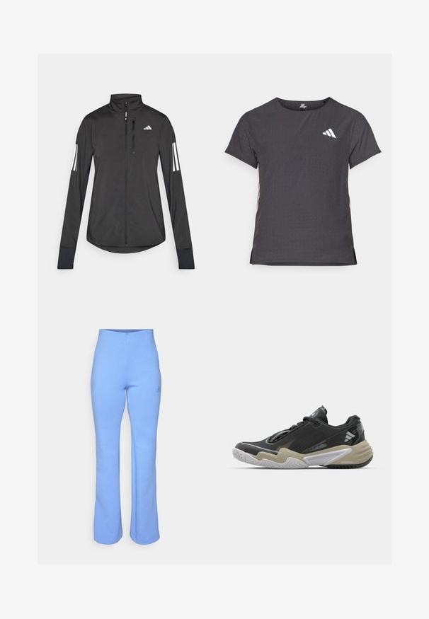 Μαύρο αθλητικό μπουφάν από ελαφρύ υλικό. Διαθέτει μπροστινό φερμουάρ, υψηλό γιακά και τρεις λευκές ρίγες σε κάθε μανίκι.; Αθλητικό μπλουζάκι κοντό μανίκι, σκούρο γκρί με διάτρητη υφή. Διαθέτει λευκό λογότυπο και αντίθετες ρίγες στο πλάι. Στρογγυλή λαιμόκοψη.; Ανοιχτό μπλε φούτερ παντελόνι με φαρδιά γραμμή, ψηλή μέση και μικρό τονικό λογότυπο στο αριστερό μηρό. Μαλακή υφή και casual σχέδιο.; Μαύρο και μπεζ αθλητικό παπούτσι με υφασμάτινη υφή, έντονο σχέδιο σόλας, ανακλαστικές λεπτομέρειες και σύστημα δέσιμος. Ελαφριά κατασκευή.