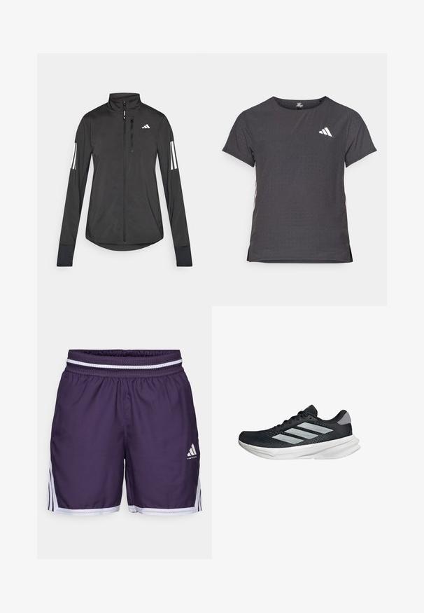 Musta urheilutakki, joka on valmistettu kevyestä materiaalista. Ominaisuuksiin kuuluu etuvetoketju, korkea kaulus ja kolme valkoista raitaa joka hihassa.; Lyhythihainen urheilupaita, tummanharmaa, jossa on reikäkudot. Ominaisuuksina valkoinen logo ja kontrastiväriset sivusuunnat. Pyöreä pääntie.; Violetti koripalloshortsit, joissa on joustava vyötärö ja valkoiset verkkokankaiset yksityiskohdat. Mukana on sivupaneelin raidat ja logo alhaalla edessä.; Musta juoksukenkä, jossa on verkko-osa ylhäällä, kolme hopeista raitaa, valkoinen välipohja ja teksturoitu pohja. Varustettu pehmustetulla nilkkaremmeillä ja nauhakiinnityksellä.