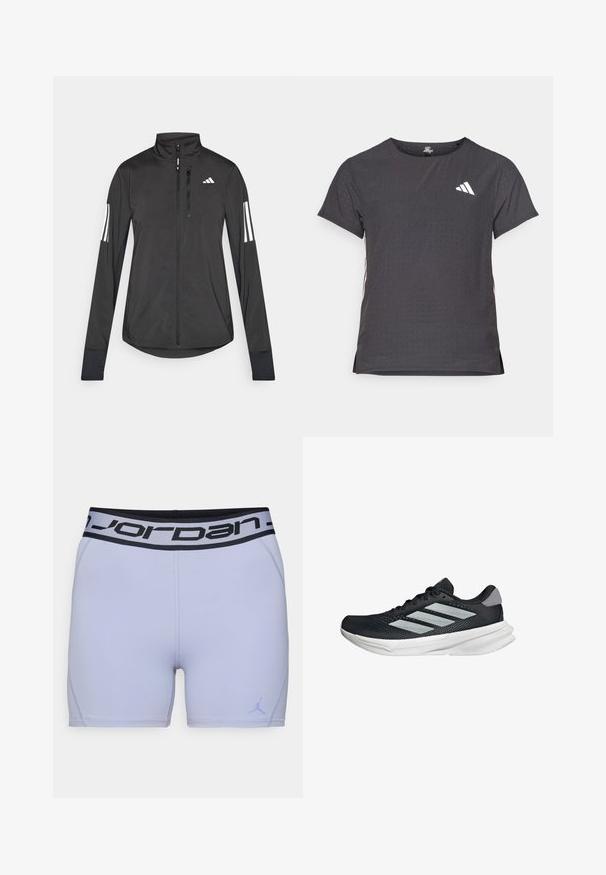 Černá atletická bunda vyrobená z lehkého materiálu. Má přední zip, vysoký límec a tři bílé pruhy na každém rukávu.; Kraťasový sportovní tričko, tmavě šedé barvy s perforovanou texturou. Obsahuje bílé logo a kontrastní boční pruhy. Kulatý výstřih.; Světle fialové sportovní šortky s černým elastickým pasem s logem Jordan. Vyrobené z hladkého, elastického materiálu, se zesíleným šitím na švech.; Černé běžecké boty s vrchní částí z prodyšné síťoviny, třemi stříbrnými pruhy, bílou mezipodešví a texturovanou podešví. Obsahují polstrovaný límec a šněrování.