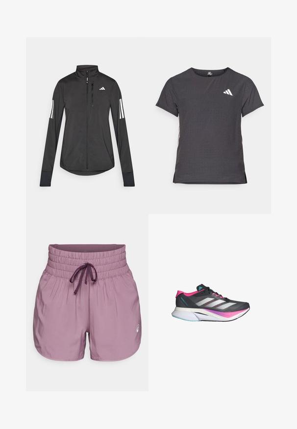 Black athletic jacket made of lightweight material. Features a front zipper, high collar, and three white stripes on each sleeve.; Short-sleeve athletic t-shirt, dark gray with perforated texture. Features a white logo and contrasting side stripes. Rounded neckline.; Purple athletic shorts with a smocked high waistband, drawstring, and subtle logo detail on the lower right side. Smooth, lightweight fabric.; Running shoe with a gray mesh upper, pink accents, and white stripes. Features a cushioned sole and a sleek, aerodynamic design.