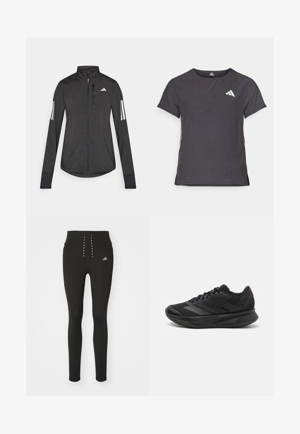 Black athletic jacket made of lightweight material. Features a front zipper, high collar, and three white stripes on each sleeve.; Short-sleeve athletic t-shirt, dark gray with perforated texture. Features a white logo and contrasting side stripes. Rounded neckline.; Black athletic leggings with high waistband, featuring stylish lace-up detail and subtle logo on the side. Smooth, stretchy fabric.; Black running shoe with a breathable mesh upper, rounded toe, sleek design, textured accents, and a cushioned sole for comfort.