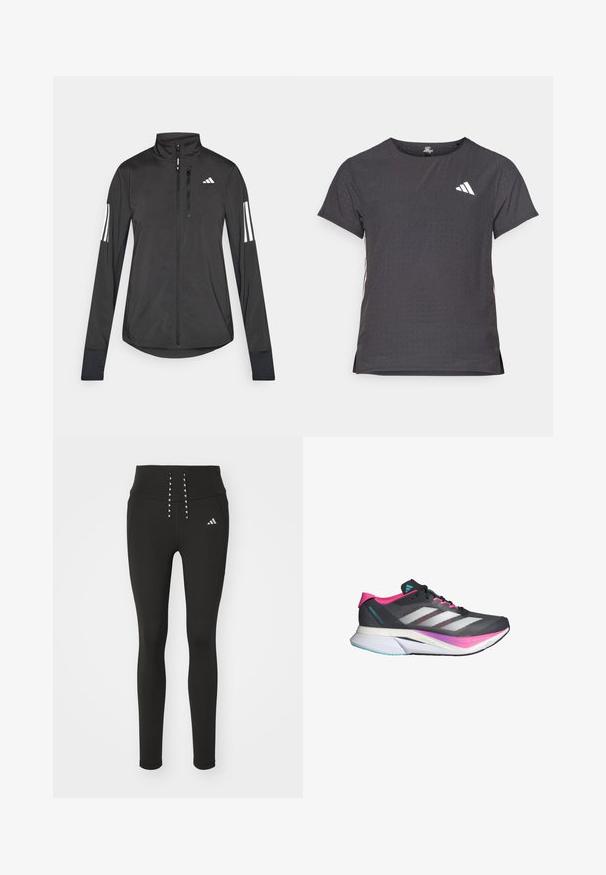 Chaqueta deportiva negra hecha de material ligero. Cuenta con una cremallera frontal, un cuello alto y tres franjas blancas en cada manga.; Camiseta atlética de manga corta, gris oscuro con textura perforada. Presenta un logo blanco y rayas laterales en contraste. Escote redondeado.; Mallas deportivas negras con cinturilla alta, que presentan un moderno detalle de cordones y un sutil logotipo en el lateral. Tejido suave y elástico.; Zapatilla de correr con parte superior de malla gris, acentos en rosa y rayas blancas. Cuenta con una suela acolchada y un diseño elegante y aerodinámico.