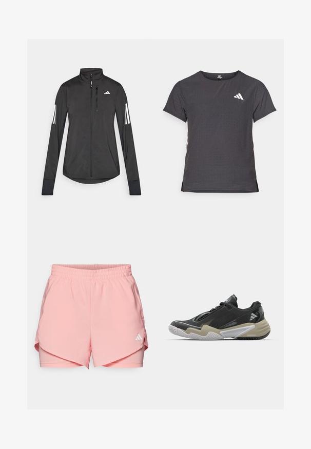 Jachetă sport neagră din material ușor. Are un fermoar frontal, guler înalt și trei dungi albe pe fiecare manșon.; Tricou athletic cu mânecă scurtă, gri închis, cu textură perforată. Prezentă un logo alb și dungi contrastante pe laterale. Guler rotunjit.; adidas Performance W MIN 2IN1 SHO - Pantaloni scurți sport - semi pink spark; Pantofelă sport neagră și bej cu un material superior texturat, design proeminent al tălpii, accente reflective și sistem de șireturi. Construcție ușoară.