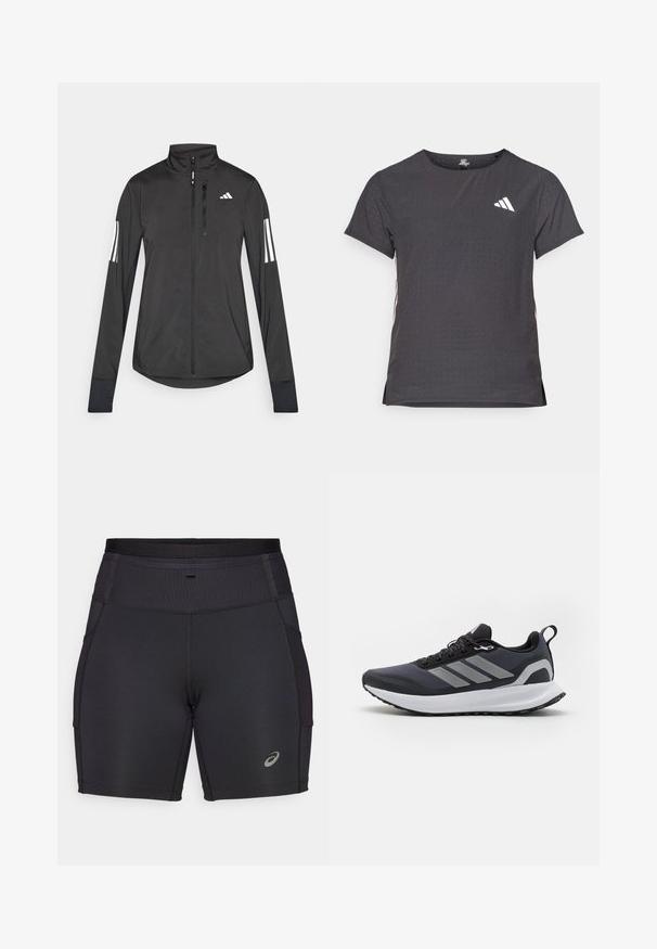 Czarna sportowa kurtka wykonana z lekkiego materiału. Posiada zamek błyskawiczny z przodu, wysoki kołnierz oraz trzy białe paski na każdym rękawie.; Koszulka sportowa z krótkim rękawem, ciemnoszara z perforowaną teksturą. Posiada białe logo oraz kontrastowe paski po bokach. Okrągły dekolt.; Czarne spodenki sportowe wykonane z elastycznej tkaniny. Posiadają wysoki, ribbowany pas i boczne kieszenie. Zawierają refleksyjny akcent z logo.; Czarne sportowe buty z siateczkową cholewką, białą podeszwą środkową, teksturowaną podeszwą z gumy oraz trzema szarymi paskami po boku. Wyposażone w sznurowadła i uchwyt do zakupu.