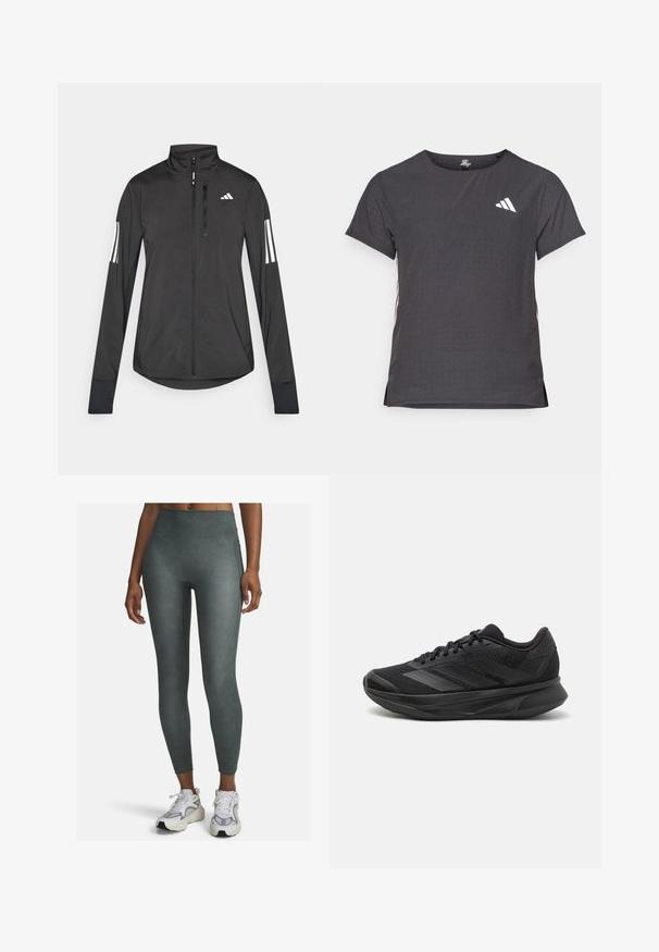 Černá atletická bunda vyrobená z lehkého materiálu. Má přední zip, vysoký límec a tři bílé pruhy na každém rukávu.; Kraťasový sportovní tričko, tmavě šedé barvy s perforovanou texturou. Obsahuje bílé logo a kontrastní boční pruhy. Kulatý výstřih.; Legíny s vysokým pasem v tlumené zelené barvě, vyrobené z hladkého, elastického materiálu, se švům po stranách a přiléhavým střihem.; Černé běžecké boty s prodyšným síťovaným svrškem, kulatou špičkou, elegantním designem, texturovanými detaily a polstrovanou podrážkou pro pohodlí.