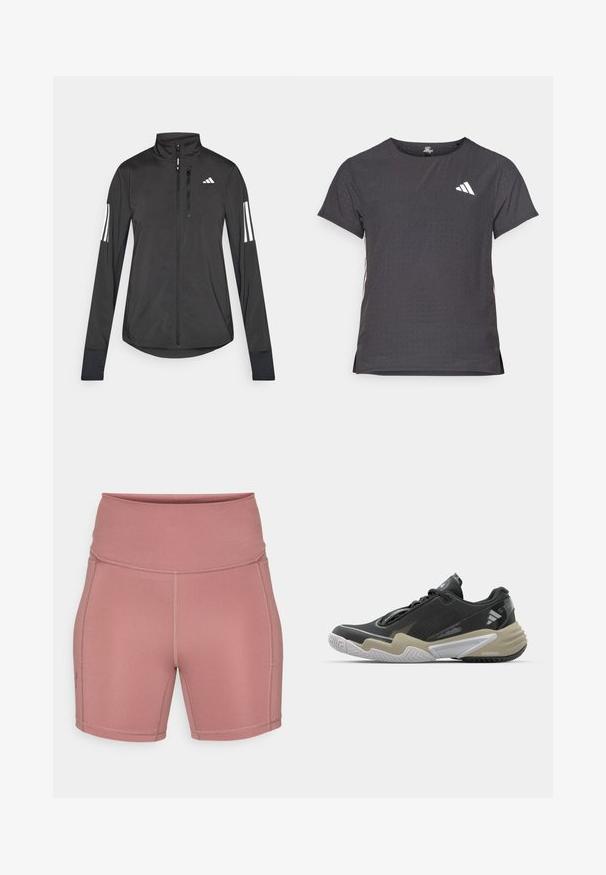 Black athletic jacket made of lightweight material. Features a front zipper, high collar, and three white stripes on each sleeve.; Short-sleeve athletic t-shirt, dark gray with perforated texture. Features a white logo and contrasting side stripes. Rounded neckline.; Under Armour MIDDIE SHORT - Leggings - maroon mist/dark maroon; Black and beige athletic shoe with textured upper, prominent sole design, reflective accents, and lacing system. Lightweight construction.