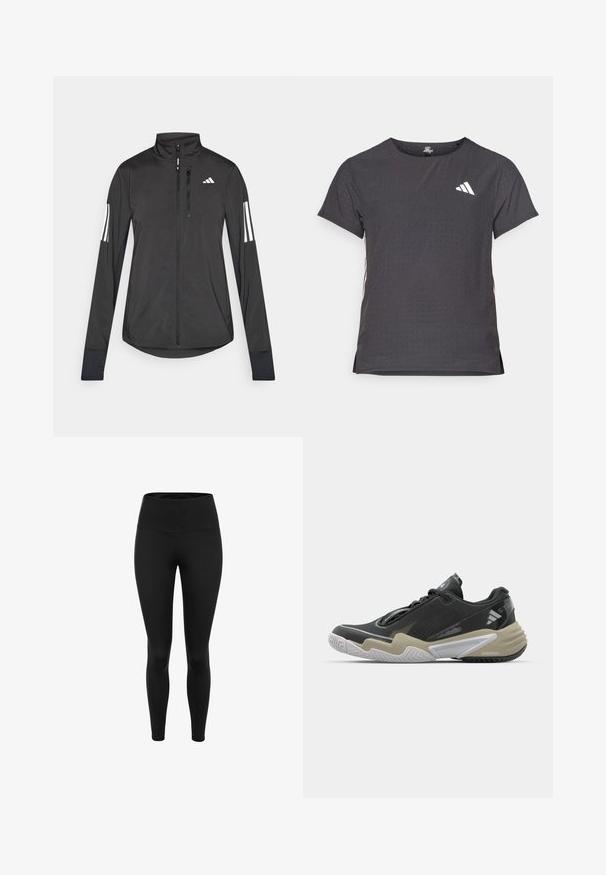 Zwarte sportjack gemaakt van lichtgewicht materiaal. Voorzien van een ritssluiting aan de voorkant, hoge kraag en drie witte strepen op elke mouw.; Korte mouwen sport t-shirt, donkergrijs met geperforeerde textuur. Bevat een wit logo en contrasterende zijstrepen. Ronde halslijn.; Zwarte leggins gemaakt van een rekbare stof. Hoge tailleband, slim fit en een gladde textuur. Geen patronen of zichtbare hardware.; Zwarte en beige sportieve schoen met een gestructureerde bovenkant, opvallend zoolontwerp, reflecterende accenten en vetersysteem. Lichtgewicht constructie.