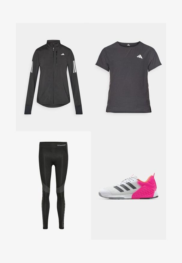 Giacchetto sportivo nero realizzato in materiale leggero. Presenta una chiusura frontale con zip, colletto alto e tre strisce bianche su ciascun manica.; T-shirt atletico a maniche corte, grigio scuro con texture perforata. Presenta un logo bianco e strisce laterali a contrasto. Girocollo.; Leggings sportivi neri con vita alta, tessuto testurizzato e motivi a righe lungo i lati per un tocco di dettaglio in più.; Scarpa sportiva bianca con strisce grigie, parte superiore in rete e tallone e dettagli rosa. Presenta un tallone testurizzato e una suola in gomma. Lacci e collare imbottito.