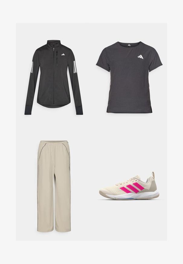 Jaqueta atlética preta feita de material leve. Apresenta um fecho frontal, colarinho alto e três riscas brancas em cada manga.; T-shirt atlético de mangas curtas, cinza escuro com textura perfurada. Apresenta um logo branco e riscas laterais contrastantes. Decote arredondado.; Calças leves, bege, com cintura elástica, bolsos laterais e detalhes em costura preta contrastante. Design de perna reta, textura suave.; Sapata atlética bege com logotipo de três riscas cor-de-rosa, parte superior em malha texturizada, colarinho acolchoado e sola de borracha branca, apresentando a marca "LIGHTSTRIKE".