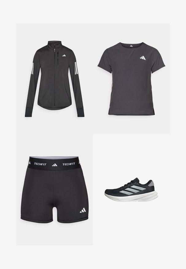 Black athletic jacket made of lightweight material. Features a front zipper, high collar, and three white stripes on each sleeve.; Short-sleeve athletic t-shirt, dark gray with perforated texture. Features a white logo and contrasting side stripes. Rounded neckline.; Black athletic shorts with a wide waistband labeled "TECHFIT." Features a smooth texture and a white logo on the lower left side.; Black running shoe with mesh upper, three silver stripes, white midsole, and textured outsole. Features padded collar and lace closure.