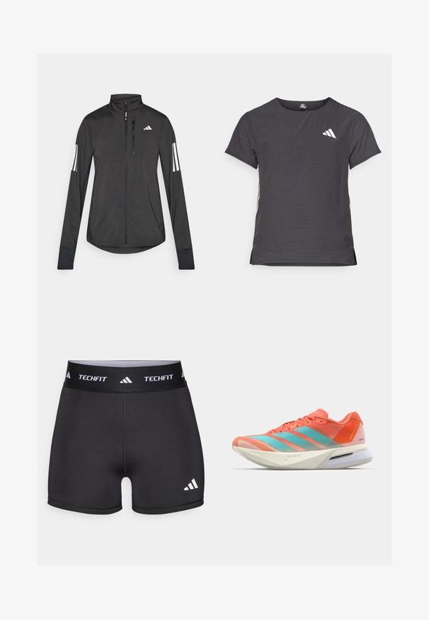 Must mustriga mustrin, millel on esiküljel lukuga, kõrge krae ja igal varrukal kolm valget triipu.; Lühikese varrukaga sportlik T-särk, tumehall, perforatsiooni tekstuuriga. Omab valget logo ja kontrastset külgtriipu. Ümar kaelus.; Mustad mustsärgid, millel on lai vöökoht ja millel on silt "TECHFIT." Omab siledat tekstuuri ning valget logo vasakul alapoole.; Jooksujalatsid hingava võrkkattega korallpunases ja akvamariin värvitoonis, millel on kolm triipu, pehme tald ja elegantne disain.